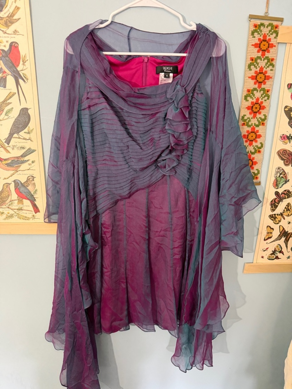 Tadashi Shoji Fuchsia and Teal Layered Silk Dress